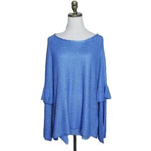 Sioni Sparkly Evening Sweater Size L Blue Sequin Long Tiered Sleeve Chiffon Hem